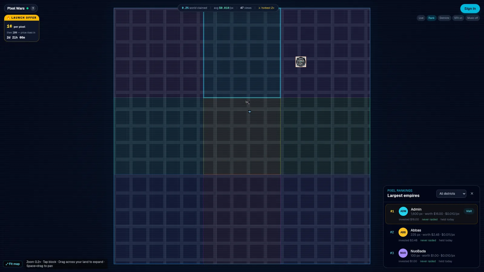 Pixel Wars — the 1000 by 1000 canvas of claimed pixel blocks